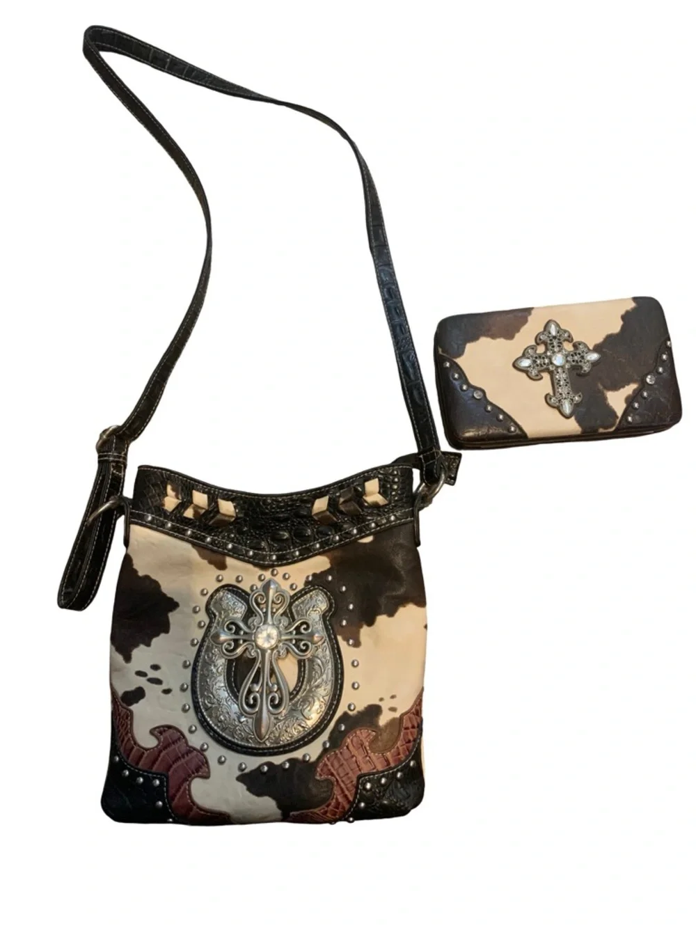 Crossbody Purse & Wallet Country Cowhide And Cross With Rhinestone Multicolored
